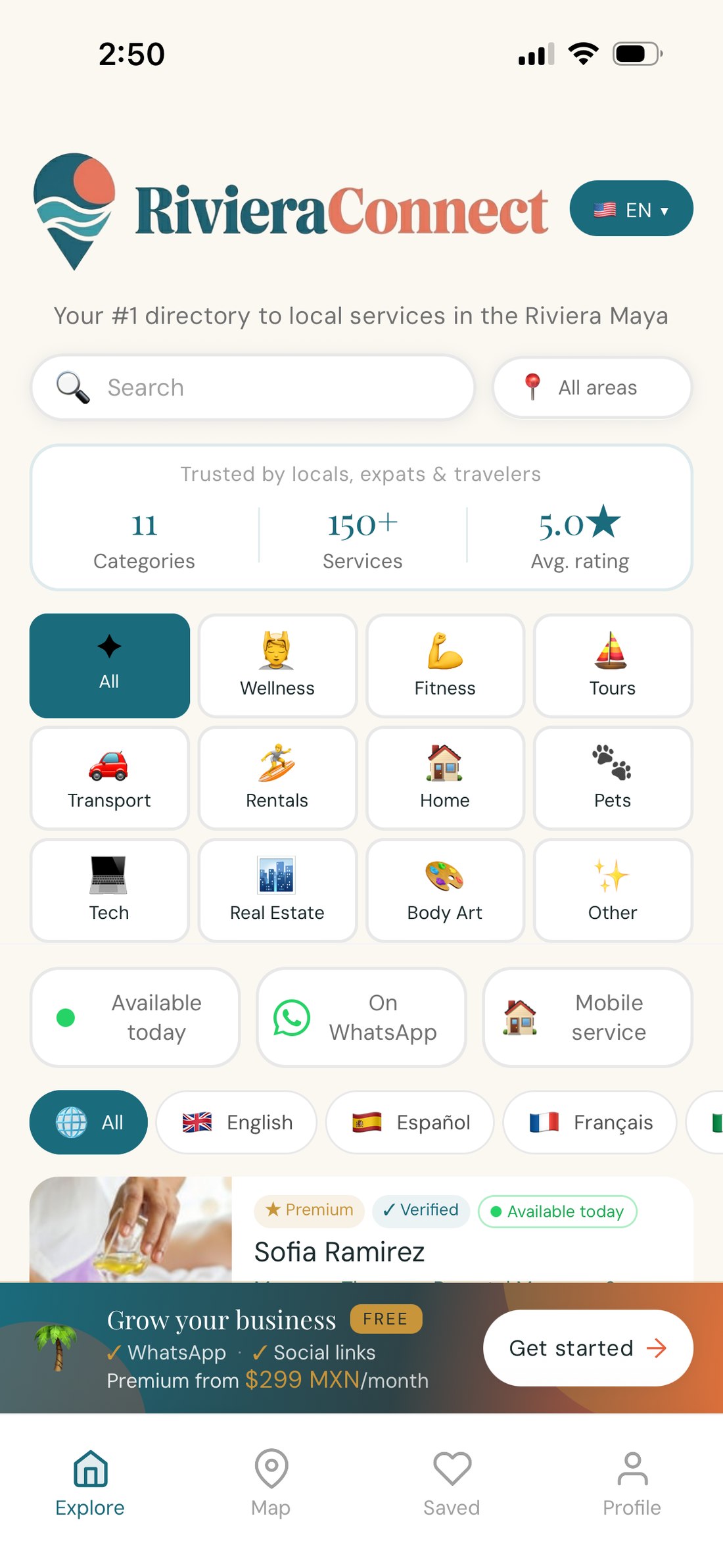 RivieraConnect app — discover local services in Playa del Carmen